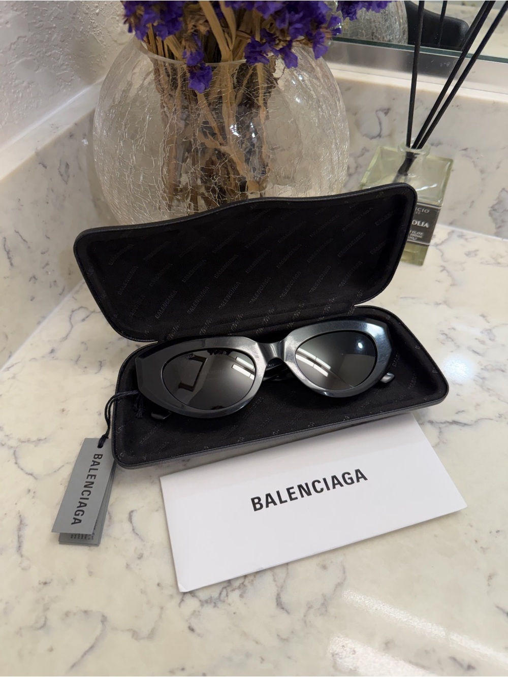 Balenciaga BB0236S 001 Black Cat Eye Sunglasses 52mm Gold Logo w/ Case